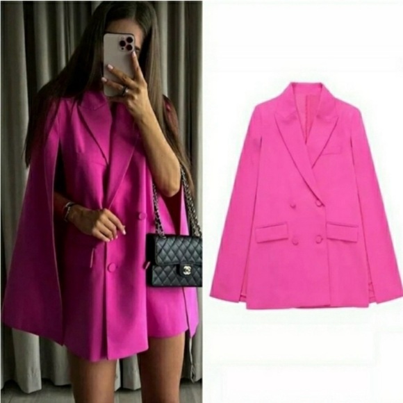 ZARA BLOGGERS FAV Bubble Gum Pink Blazer Cape Pockets Barbiecore Career Classic - Picture 6 of 6